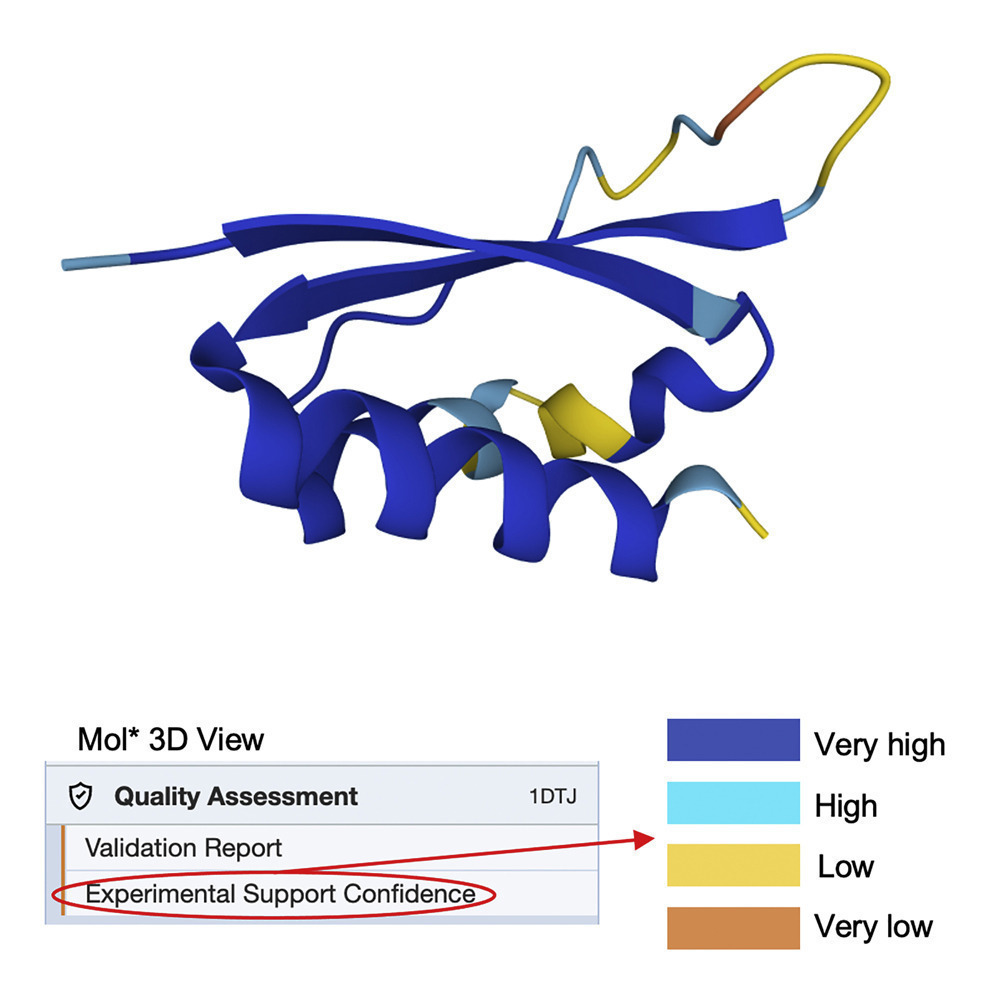 <I>Mol* view of PDB structure <a href="https://www.rcsb.org/3d-view/1DTJ">1dtj</a>.  To select this coloring scheme, select the &ldquo;Experimental Support Confidence&rdquo; option under Quality Assessment.</I>