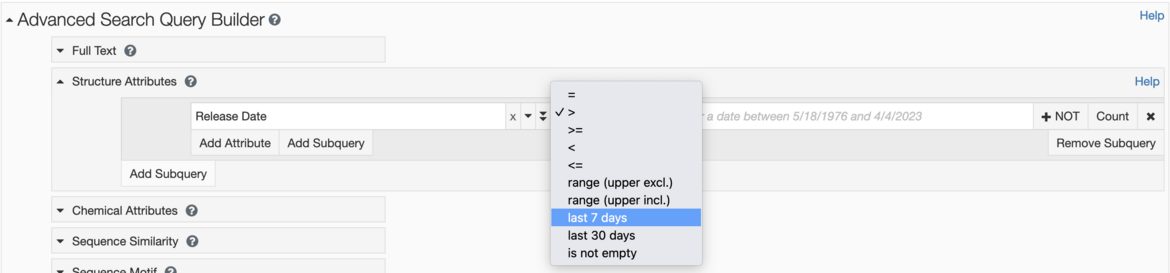 <I>Use Advanced Search to find structures based on a given date. The date option can be used to create searches relative to the current date (for example, find all structures released in the last 7 days). </I>