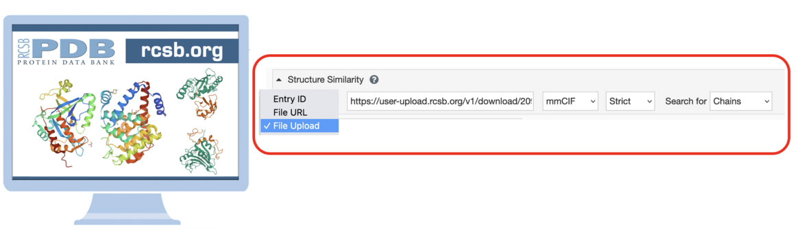 <I>Use the first drop-down to switch to the “File Upload” mode. Use the toggle button (not shown) to include Computed Structure Models (CSMs) in the search results.</I>