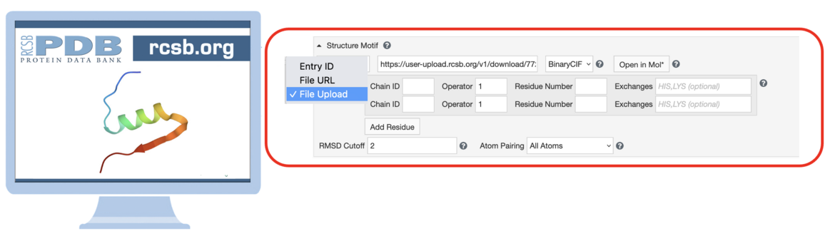 <I>Use the first drop-down to switch to the “File Upload” mode. Use the toggle button (not shown) to include Computed Structure Models (CSMs) in the search results.</I>